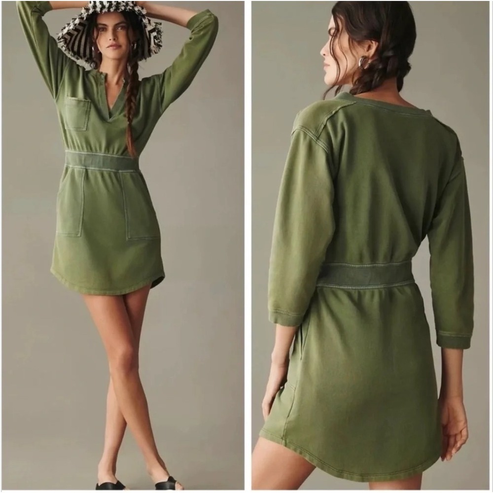 Anthropologie Daily Practice Olive Green French Terry Mini Dress‎ XS Cozy Lounge